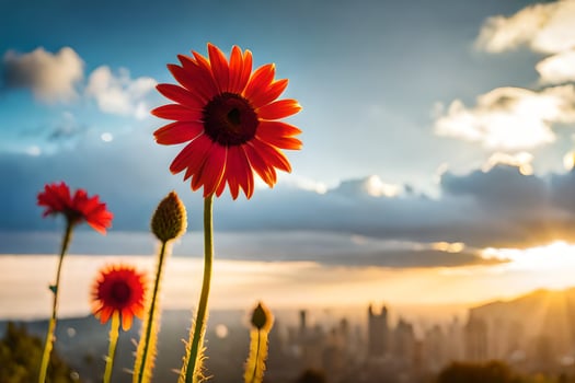 photo wallpaper the sky, flowers, sun, the city, flowers, flowers, flowers, flowers. AI-Generated