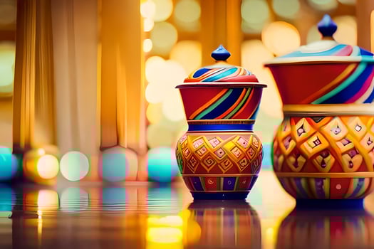 two colorful vases sit on a table in front of a colorful background. AI-Generated photo
