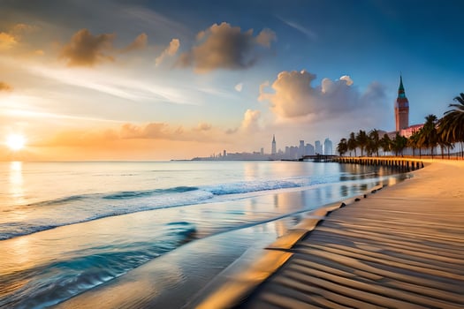 the sun sets over the beach and city skyline. AI-Generated photo