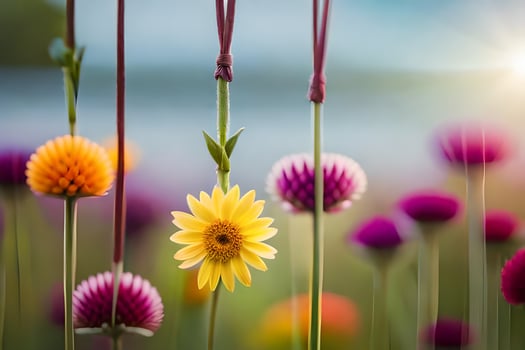 colorful flowers in a field with sun shining. AI-Generated photo