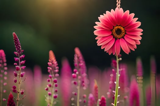 a pink flower stands out in the middle of a field. AI-Generated photo