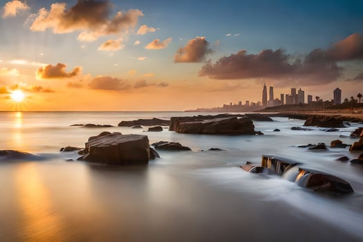the sun sets over the city skyline in this photo. AI-Generated photo