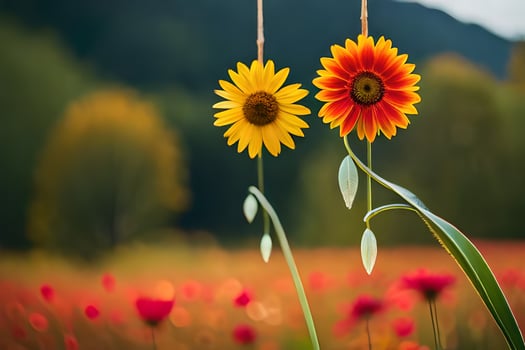 two sunflowers hanging from a string in a field. AI-Generated photo