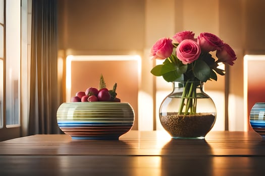 two vases with pink roses sitting on a table. AI-Generated photo