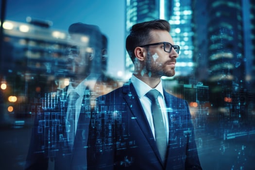 Double exposure of young businessman with cityscape and digital business interface, Businessman Leveraging AI Technology on a blurry urban area background, AI Generated photo