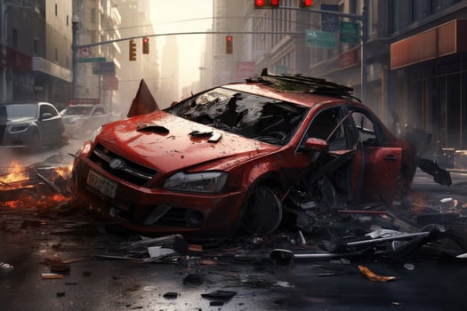 Burning car in the city. Conceptual image. 3d rendering, car accident, AI Generated photo