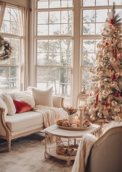 Cosy living room with beautiful christmas tree and red gifts in modern interior. Interior of living room decorated for merry christmas with socks, gift boxes and christmas accessories by AI Generated photo