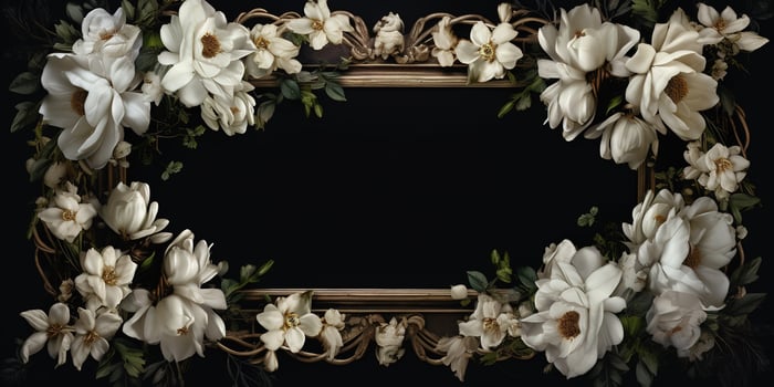 Generative AI, vintage frame with white flowers, futuristic victorian, black background photo