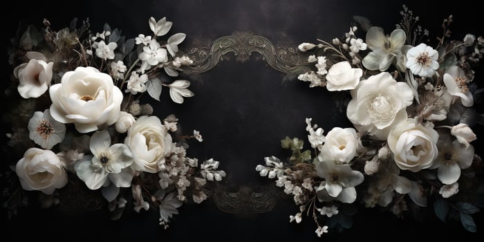 Generative AI, vintage frame with white flowers, futuristic victorian, black background photo