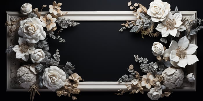 Generative AI, vintage frame with white flowers, futuristic victorian, black background photo