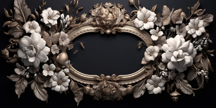 Generative AI, vintage frame with white flowers, futuristic victorian, black background photo