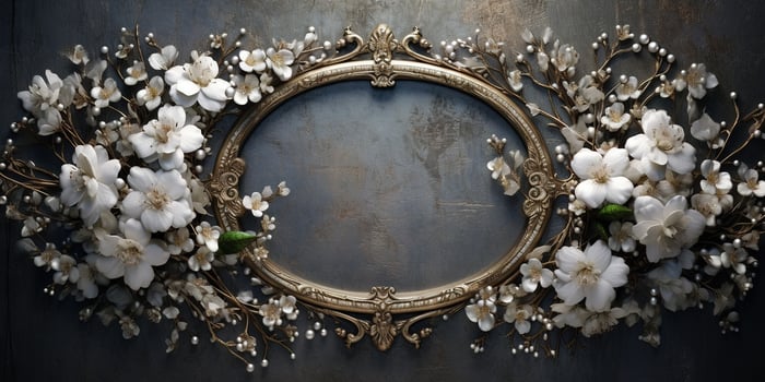 Generative AI, vintage frame with white flowers, futuristic victorian, black background photo