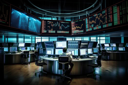 Forex trading. Stock exchange traders working with monitors in modern office, Bustling trading floor with multiple monitors displaying real - time financial data and stock market, AI Generated photo