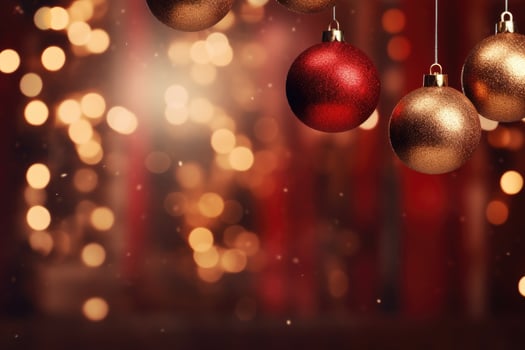 Christmas background with golden and red balls on bokeh background, Christmas balls hanging on an out of focus background, AI Generated photo