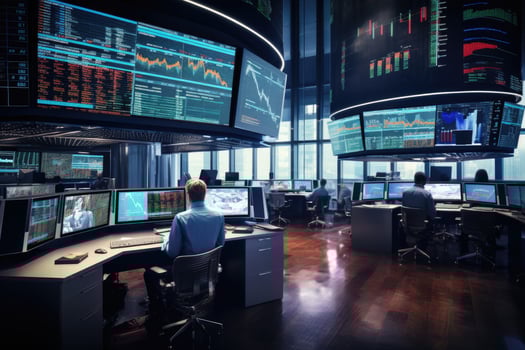 Businessman analyzing stock market data on computer monitor in the office, Bustling trading floor with multiple monitors displaying real - time financial data and stock market, AI Generated photo