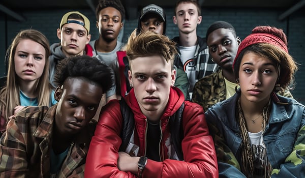 Group of young people with serious faces. Lifestyle concept. AI Generative photo