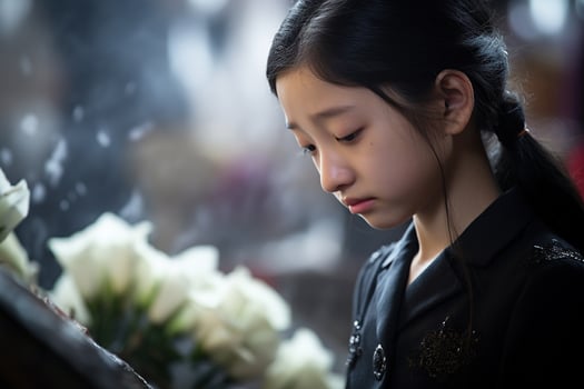 Portrait of a little asian girl with in the cemetery,Funeral Concept AI generated photo