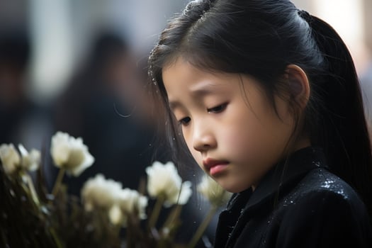 Portrait of a little asian girl with in the cemetery,Funeral Concept AI generated photo