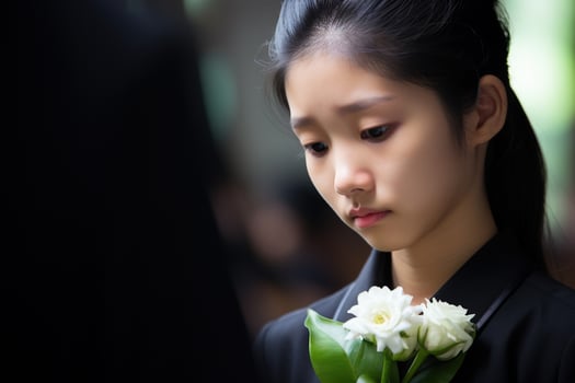 Portrait of a little asian girl with in the cemetery,Funeral Concept AI generated photo
