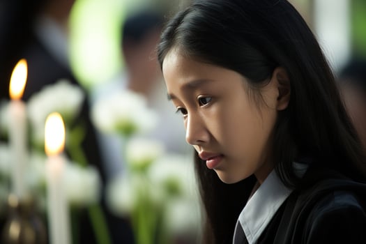 Portrait of a little asian girl with in the cemetery,Funeral Concept AI generated photo
