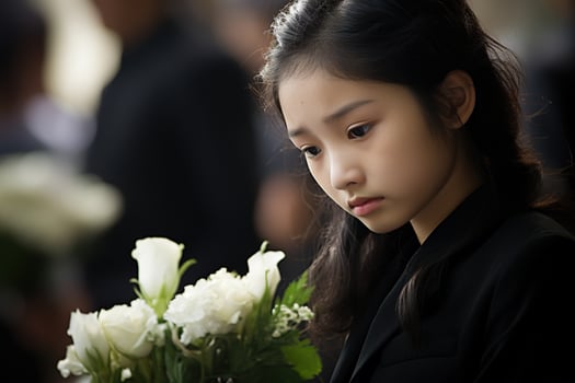 Portrait of a little asian girl with in the cemetery,Funeral Concept AI generated photo