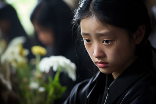Portrait of a little asian girl with in the cemetery,Funeral Concept AI generated photo