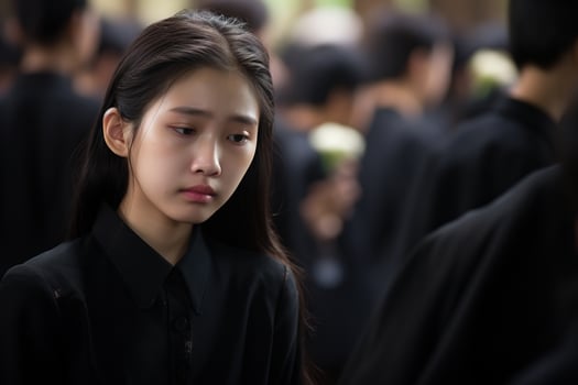Portrait of a little asian girl with in the cemetery,Funeral Concept AI generated photo