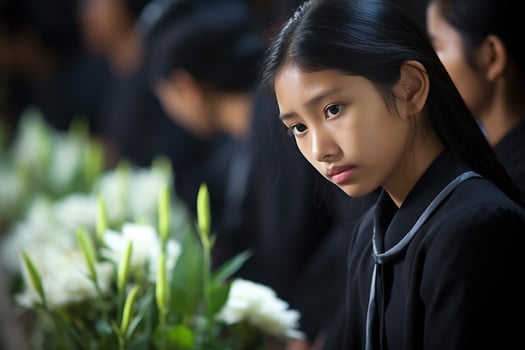 Portrait of a little asian girl with in the cemetery,Funeral Concept AI generated photo