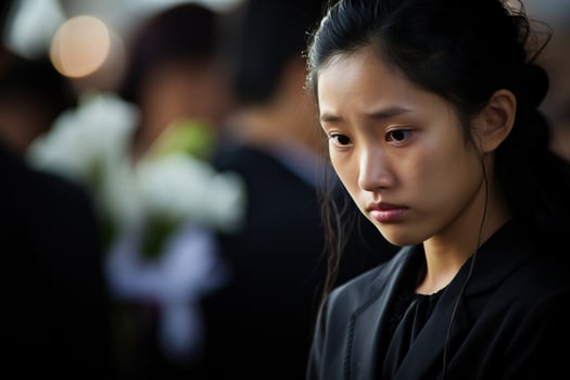 Portrait of a little asian girl with in the cemetery,Funeral Concept AI generated photo