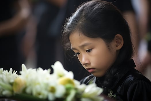 Portrait of a little asian girl with in the cemetery,Funeral Concept AI generated photo