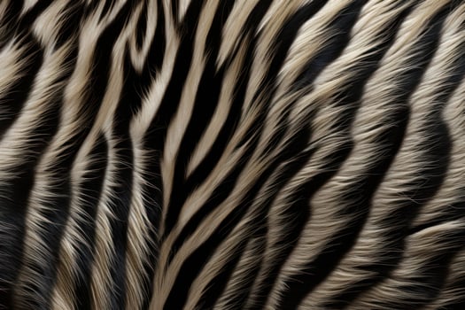 Zebra fur texture. Striped black cream fluffy zebra fur. Close-up. Copy space. Soft cozy wool. Warm blanket, carpet, rug, bedspread. Template. Print, backdrop, textile, cover, notebook, AI generated photo