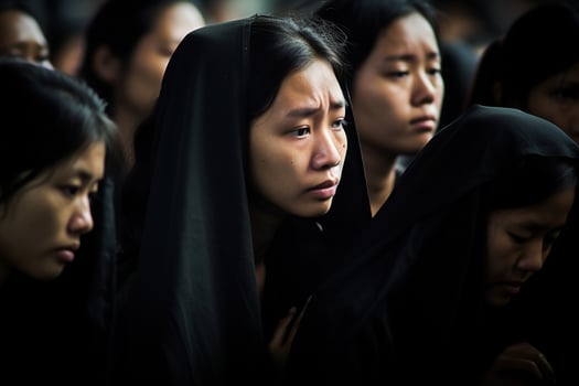 Asian woman in mourning at a funeral, shallow depth of field.Funeral Concept AI generated photo