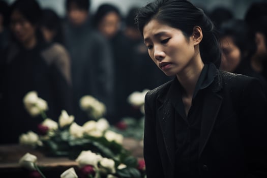 Asian woman in mourning at a funeral, shallow depth of field.Funeral Concept AI generated photo
