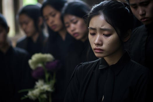 Asian woman in mourning at a funeral, shallow depth of field.Funeral Concept AI generated photo