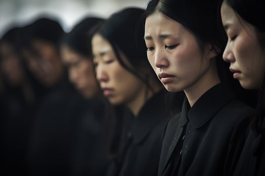Asian woman in mourning at a funeral, shallow depth of field.Funeral Concept AI generated photo