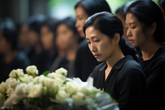 Asian woman in mourning at a funeral, shallow depth of field.Funeral Concept AI generated photo