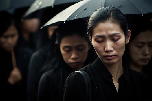Asian woman in mourning at a funeral, shallow depth of field.Funeral Concept AI generated photo