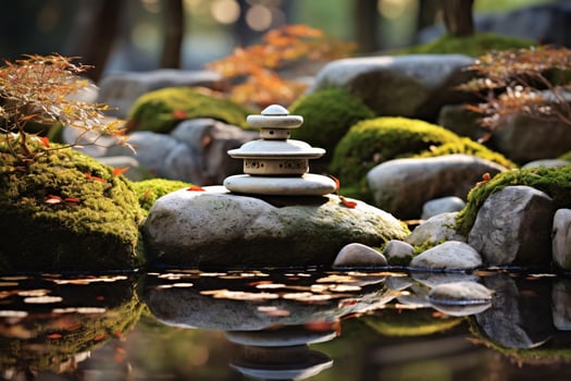 A serene rock garden with moss-covered rocks and a tranquil water feature AI Generated photo
