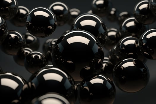 Shiny balls in different sizes on black background. Abstract glossy bubbles. Composition with chaotic floating spheres. Generative AI photo