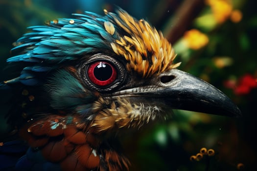 Beautiful exotic blue bird with red flower in the forest. Close up. ai generated. pro photo
