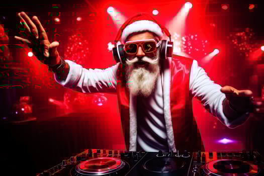 Crazy Santa Claus dj with headset, dance at Christmas party with disco background. Generative Ai photo