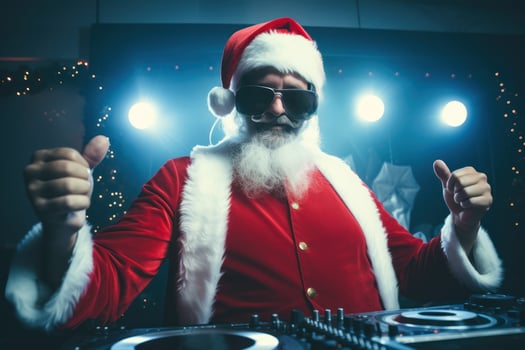 Crazy Santa Claus dj with headset, dance at Christmas party with disco background. Generative Ai photo