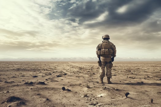 a soldier standing alone facing the back, AI generated photo