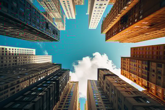 Tall buildings with clear skies taken from a low angle, AI generated photo