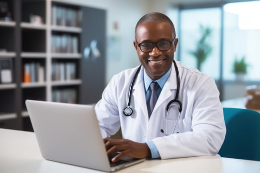A middle age doctor writing on his laptop, looking at his laptop,background blur. Generative AI photo