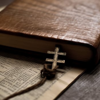 Close up of a holy bible and christian cross on wooden table. Happy good friday or religion concept by AI Generated photo