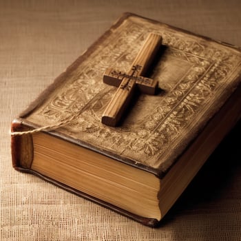 Close up of a holy bible and christian cross on wooden table. Happy good friday or religion concept by AI Generated photo