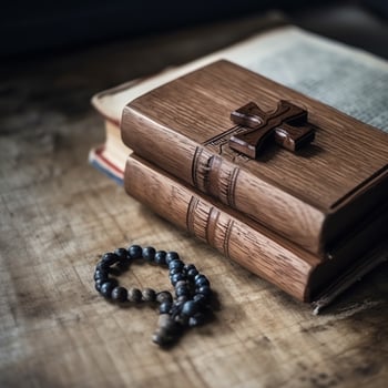 Close up of a holy bible and christian cross on wooden table. Happy good friday or religion concept by AI Generated photo