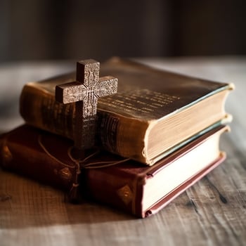 Close up of a holy bible and christian cross on wooden table. Happy good friday or religion concept by AI Generated photo