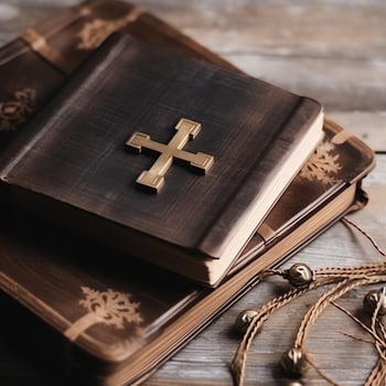 Close up of a holy bible and christian cross on wooden table. Happy good friday or religion concept by AI Generated photo